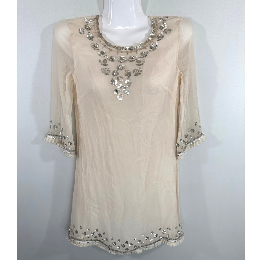 French Connection Silk Sequin Embellished Tunic Top Cream Size 2 Boho Fairy core